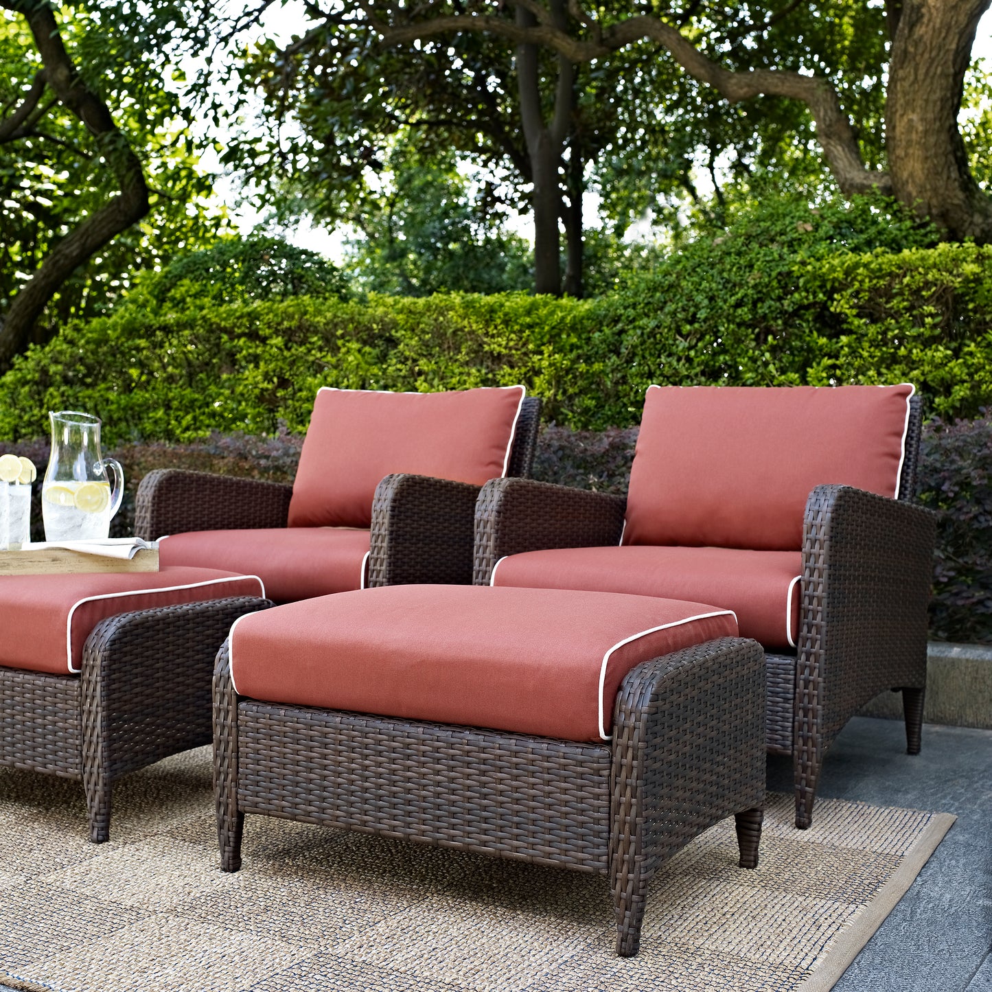 Kiawah 4Pc Outdoor Wicker Chair Set Sangria/Brown - 2 Armchairs & 2 Ottomans