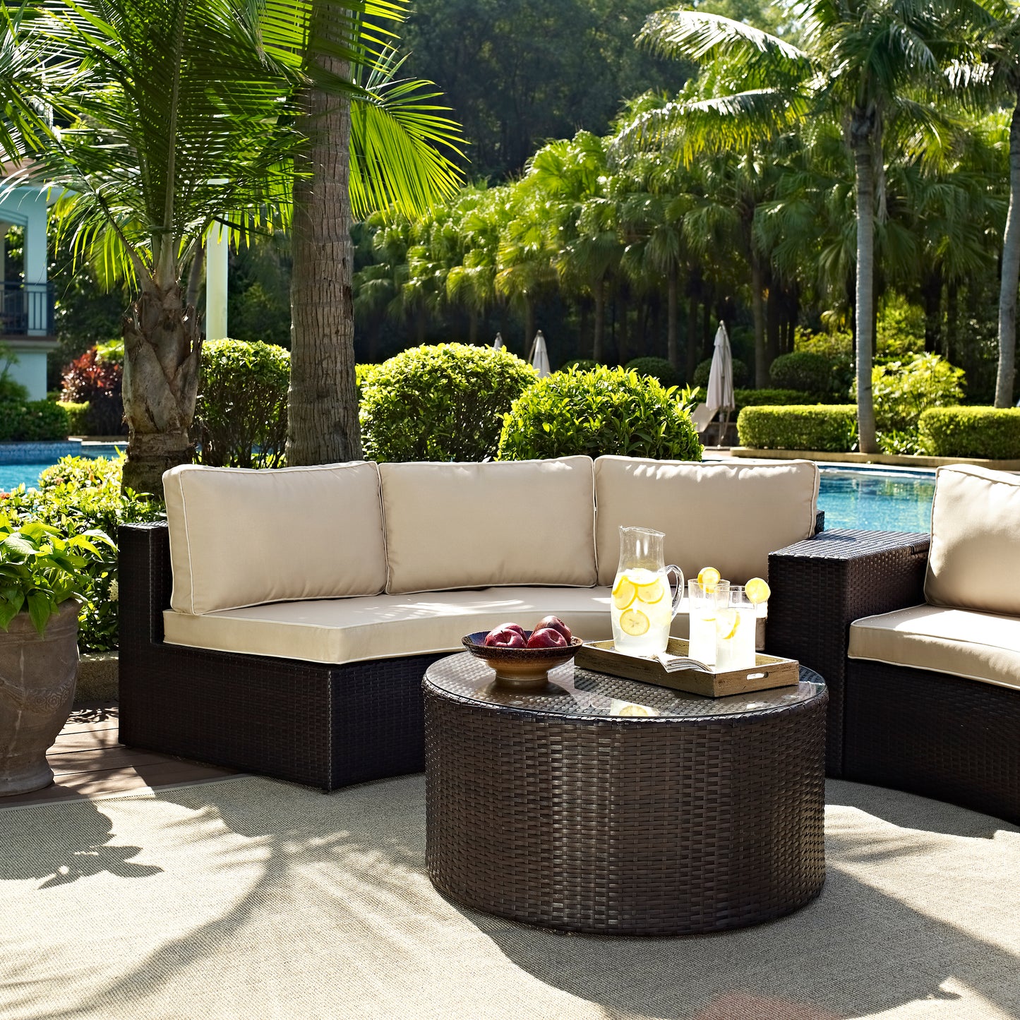 Catalina 2Pc Outdoor Wicker Sectional Set Sand/Brown - Sectional Sofa & Round Glass Top Coffee Table