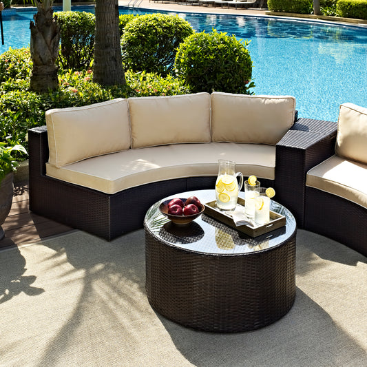 Catalina 2Pc Outdoor Wicker Sectional Set Sand/Brown - Sectional Sofa & Round Glass Top Coffee Table