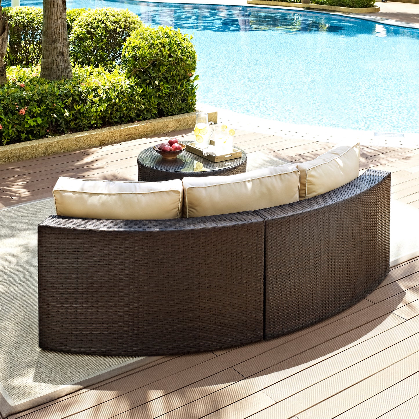 Catalina 2Pc Outdoor Wicker Sectional Set Sand/Brown - Sectional Sofa & Round Glass Top Coffee Table