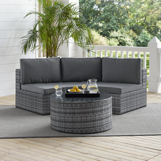 Catalina 2Pc Outdoor Wicker Sectional Set Gray/Gray - Sectional Sofa & Round Glass Top Coffee Table