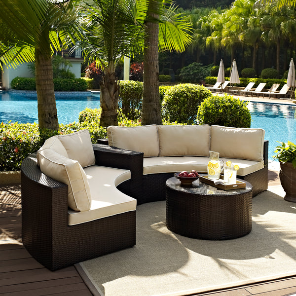 Catalina 4Pc Outdoor Wicker Sectional Set Sand/Brown - Arm Table, Round Glass Top Coffee Table, & 2 Round Sectional Sofas