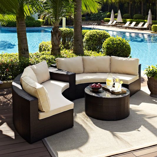 Catalina 4Pc Outdoor Wicker Sectional Set Sand/Brown - Arm Table, Round Glass Top Coffee Table, & 2 Round Sectional Sofas