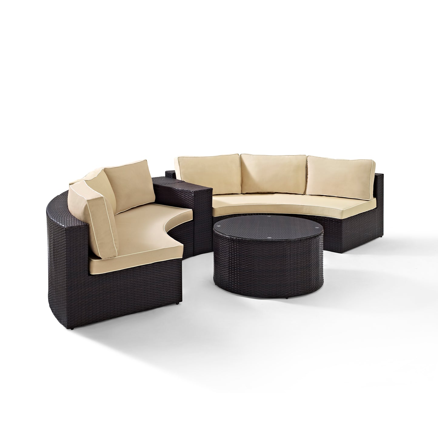 Catalina 4Pc Outdoor Wicker Sectional Set Sand/Brown - Arm Table, Round Glass Top Coffee Table, & 2 Round Sectional Sofas