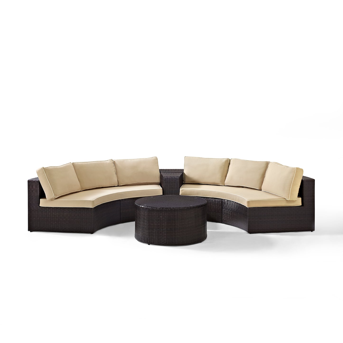 Catalina 4Pc Outdoor Wicker Sectional Set Sand/Brown - Arm Table, Round Glass Top Coffee Table, & 2 Round Sectional Sofas