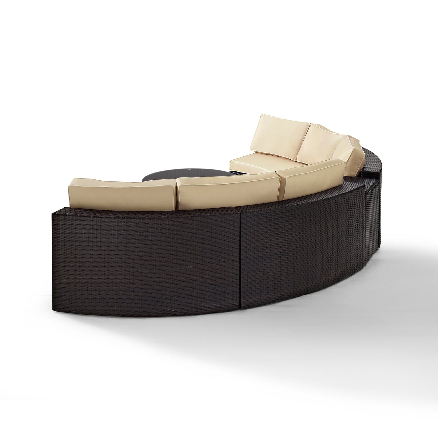 Catalina 4Pc Outdoor Wicker Sectional Set Sand/Brown - Arm Table, Round Glass Top Coffee Table, & 2 Round Sectional Sofas