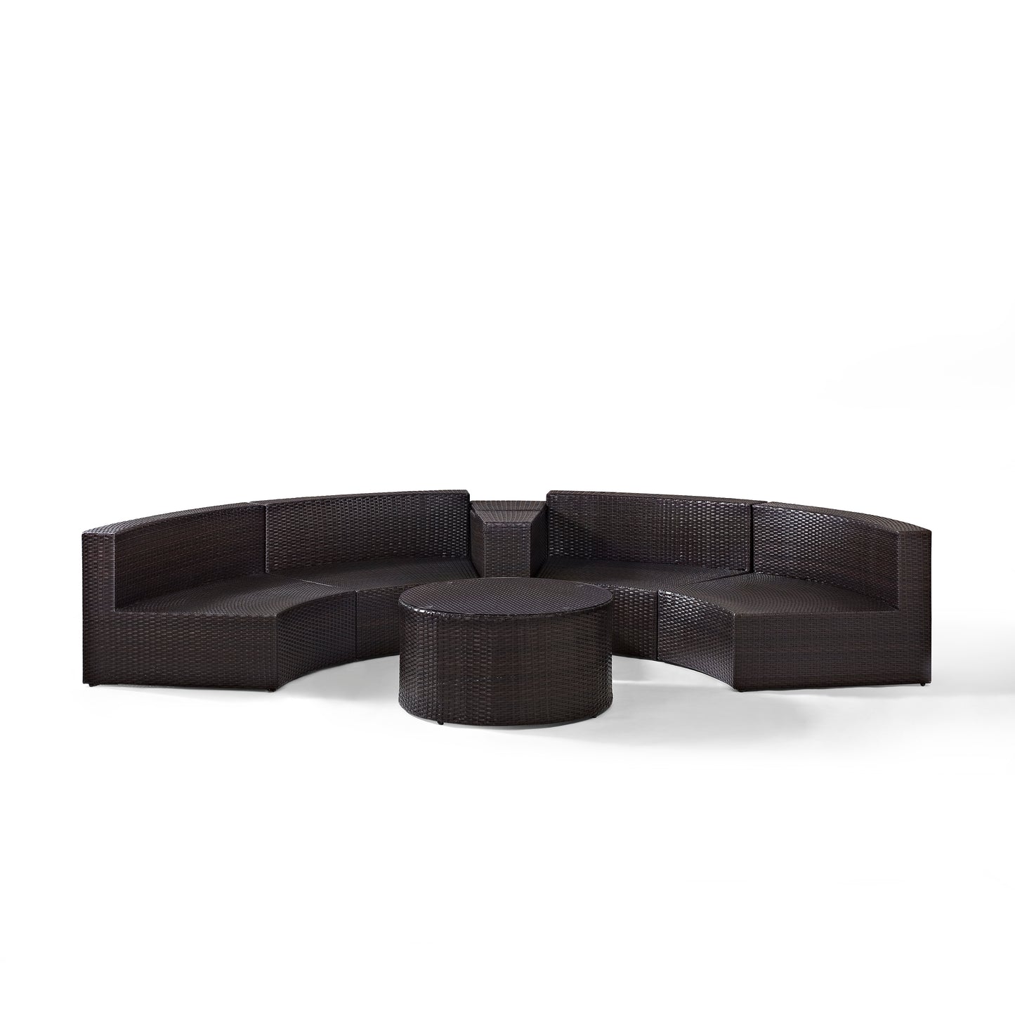 Catalina 4Pc Outdoor Wicker Sectional Set Sand/Brown - Arm Table, Round Glass Top Coffee Table, & 2 Round Sectional Sofas