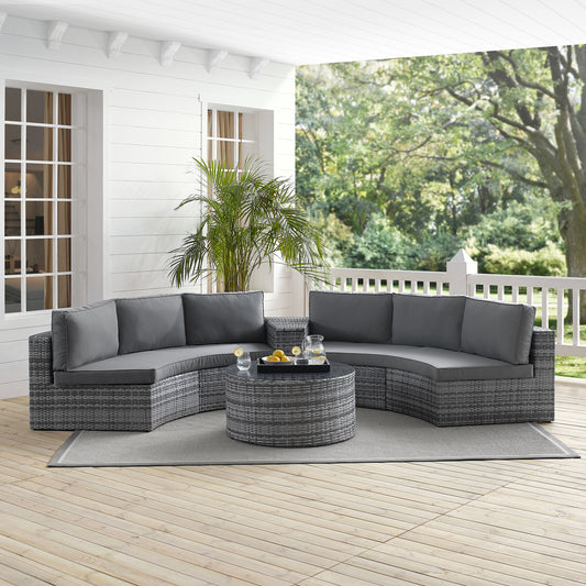 Catalina 4Pc Outdoor Wicker Sectional Set Gray/Gray - Arm Table, Round Glass Top Coffee Table, & 2 Round Sectional Sofas