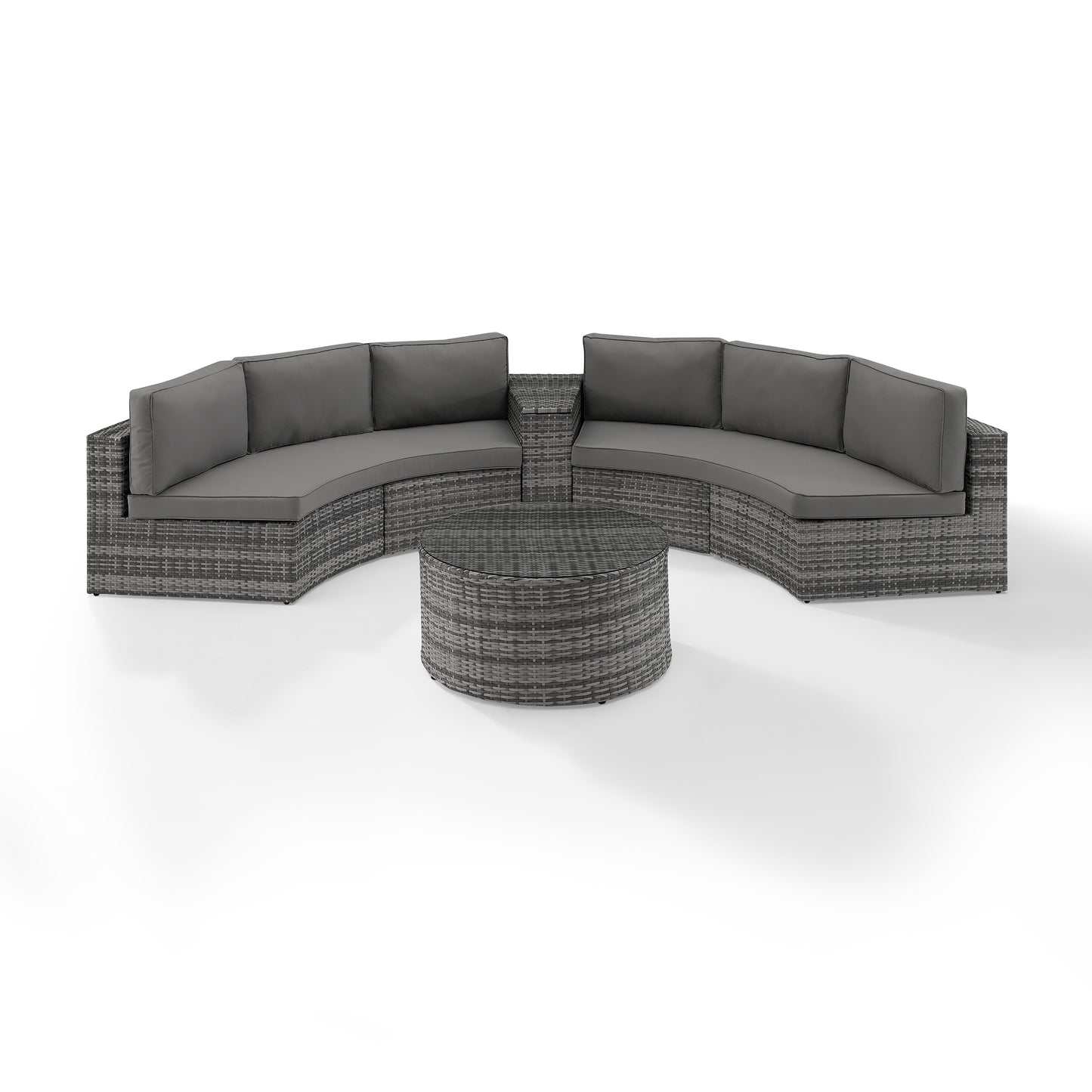 Catalina 4Pc Outdoor Wicker Sectional Set Gray/Gray - Arm Table, Round Glass Top Coffee Table, & 2 Round Sectional Sofas