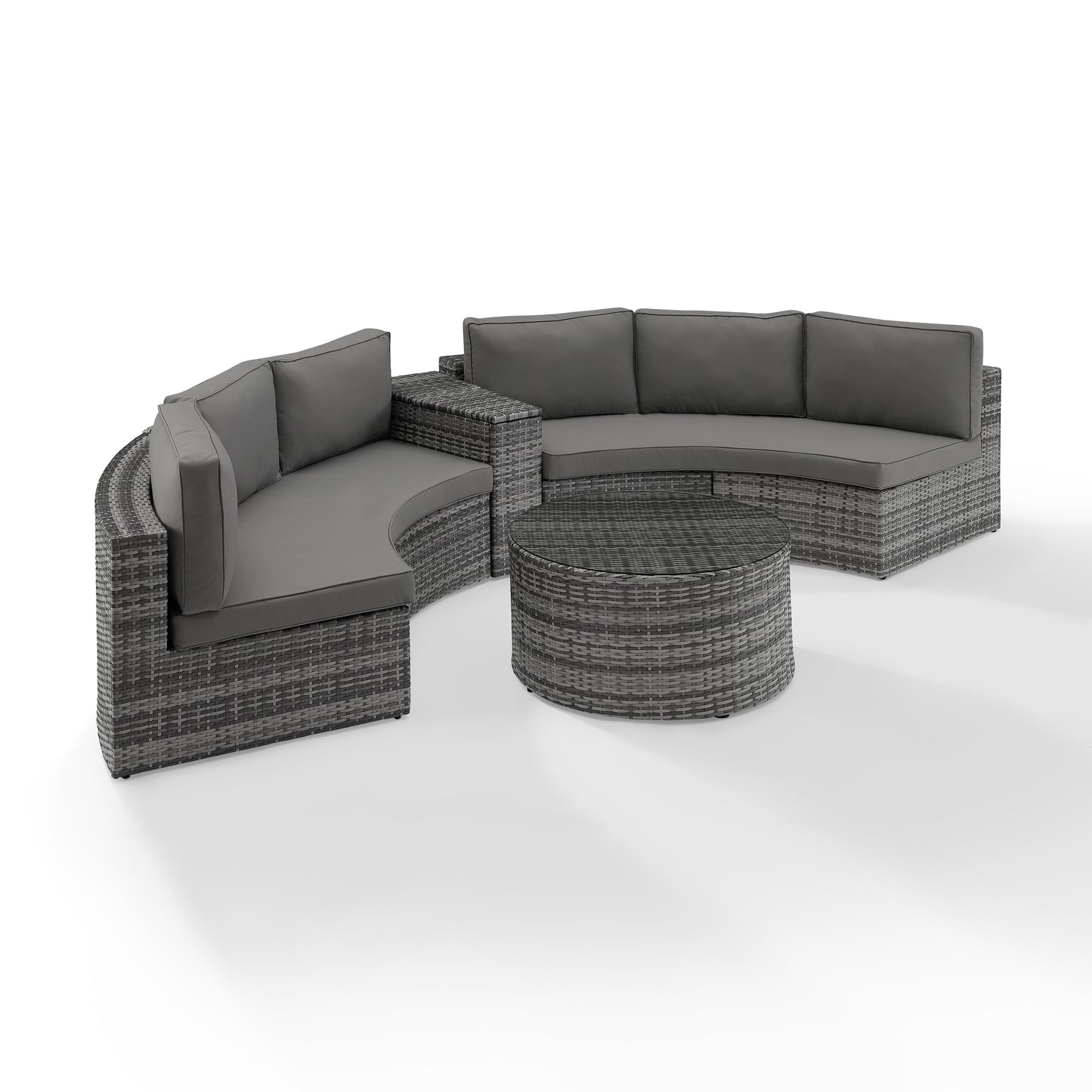 Catalina 4Pc Outdoor Wicker Sectional Set Gray/Gray - Arm Table, Round Glass Top Coffee Table, & 2 Round Sectional Sofas