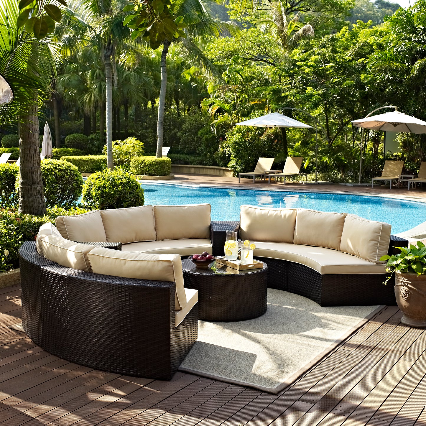 Catalina 6Pc Outdoor Wicker Sectional Set Sand/Brown - Round Glass Top Coffee Table, 3 Round Sectional Sofas, & 2 Arm Tables