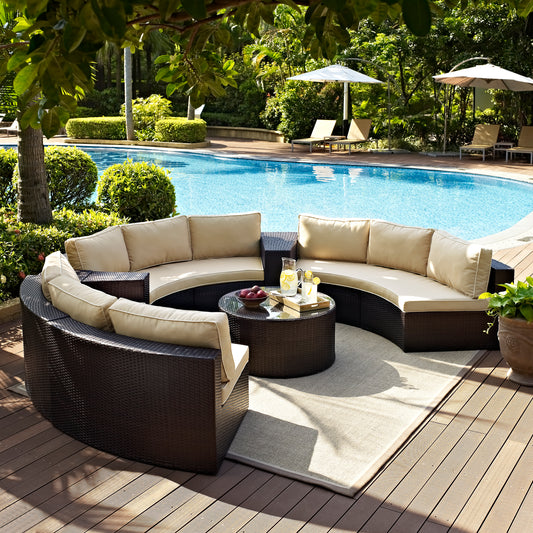 Catalina 6Pc Outdoor Wicker Sectional Set Sand/Brown - Round Glass Top Coffee Table, 3 Round Sectional Sofas, & 2 Arm Tables