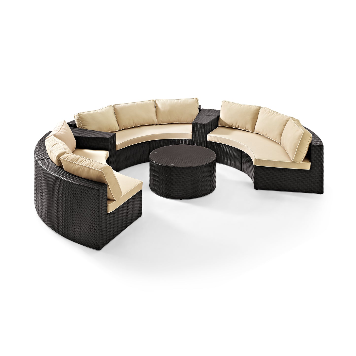 Catalina 6Pc Outdoor Wicker Sectional Set Sand/Brown - Round Glass Top Coffee Table, 3 Round Sectional Sofas, & 2 Arm Tables