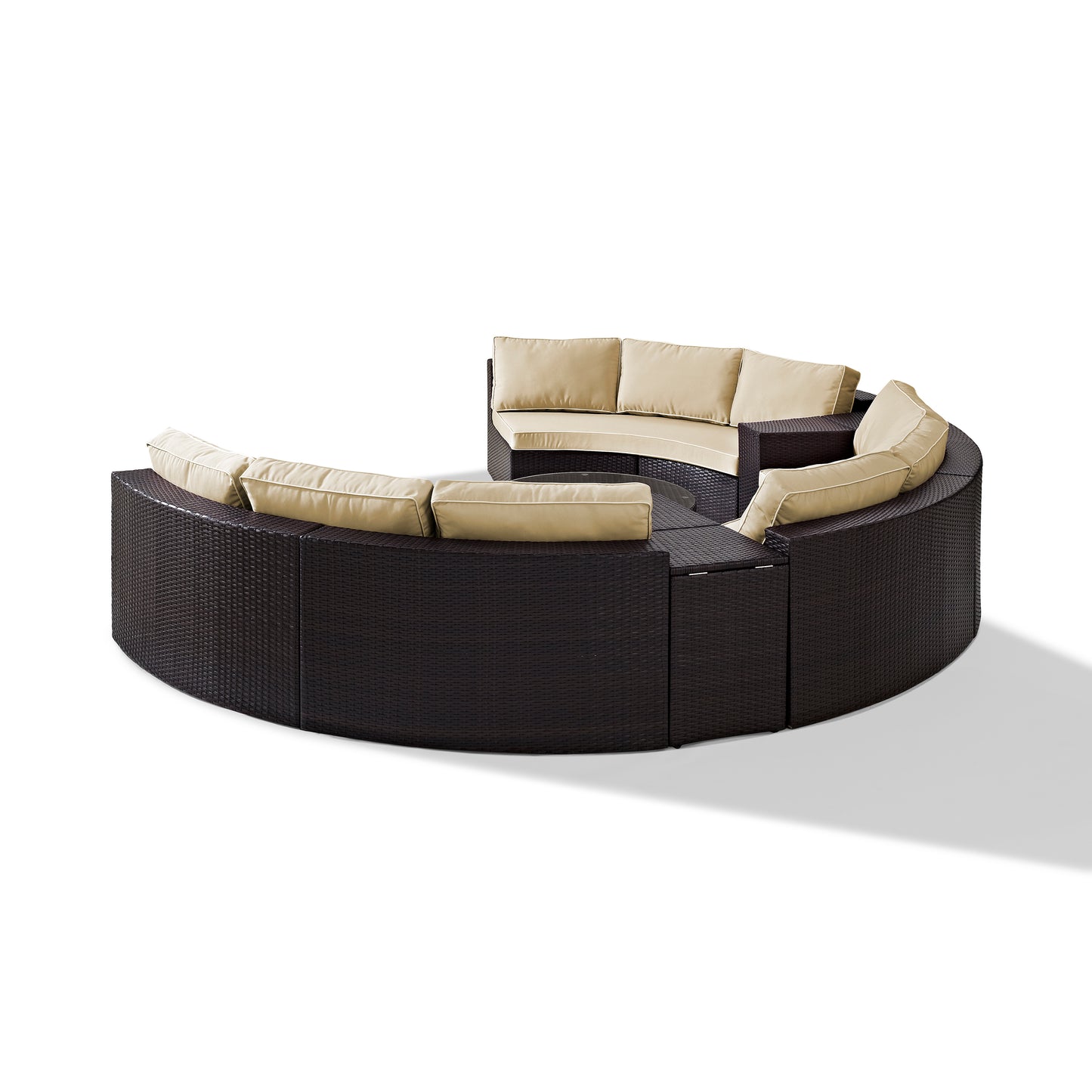 Catalina 6Pc Outdoor Wicker Sectional Set Sand/Brown - Round Glass Top Coffee Table, 3 Round Sectional Sofas, & 2 Arm Tables