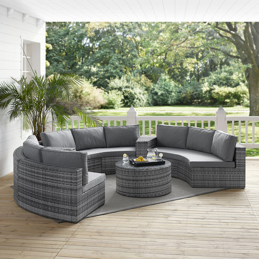 Catalina 6Pc Outdoor Wicker Sectional Set Gray/Gray - Round Glass Top Coffee Table, 3 Round Sectional Sofas, & 2 Arm Tables