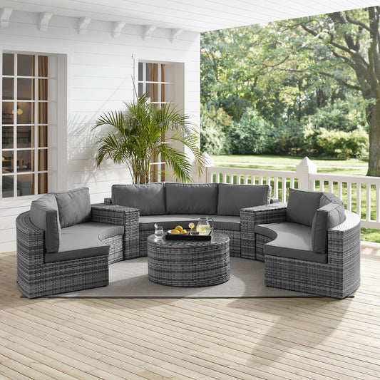 Catalina 6Pc Outdoor Wicker Sectional Set Gray/Gray - Round Glass Top Coffee Table, 3 Round Sectional Sofas, & 2 Arm Tables