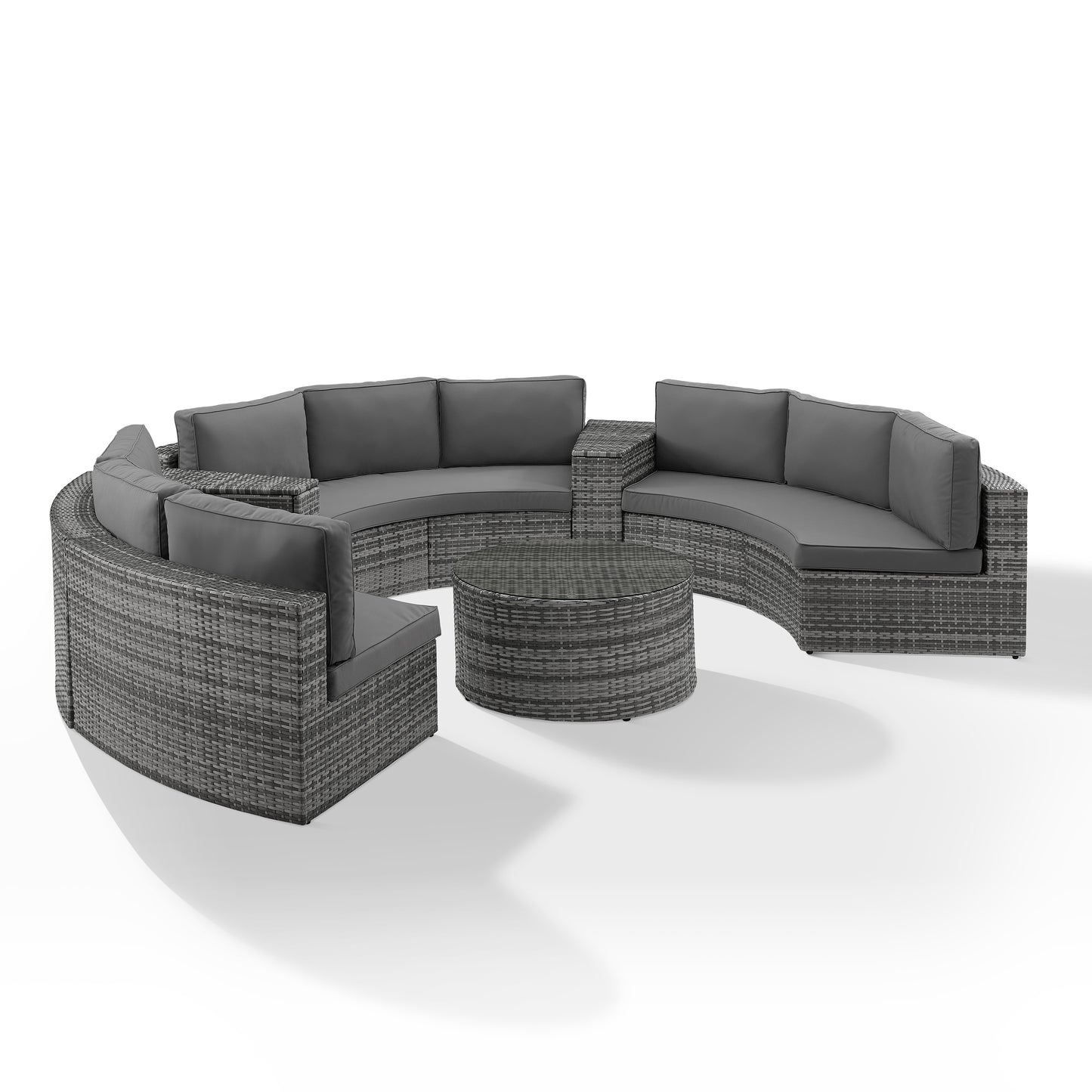 Catalina 6Pc Outdoor Wicker Sectional Set Gray/Gray - Round Glass Top Coffee Table, 3 Round Sectional Sofas, & 2 Arm Tables