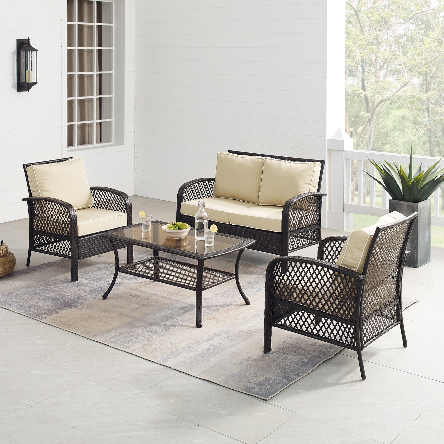 Tribeca 4Pc Outdoor Wicker Conversation Set Sand/Brown - Loveseat, Coffee Table, & 2 Arm Chairs