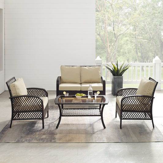 Tribeca 4Pc Outdoor Wicker Conversation Set Sand/Brown - Loveseat, Coffee Table, & 2 Arm Chairs