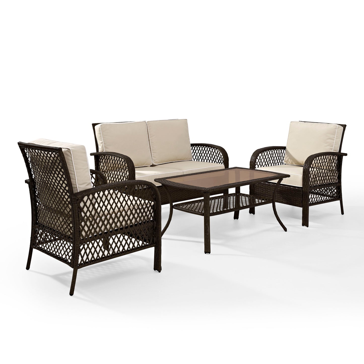 Tribeca 4Pc Outdoor Wicker Conversation Set Sand/Brown - Loveseat, Coffee Table, & 2 Arm Chairs