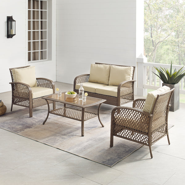 Tribeca 4Pc Outdoor Wicker Conversation Set Sand/Driftwood - Loveseat, Coffee Table, &  2 Arm Chairs