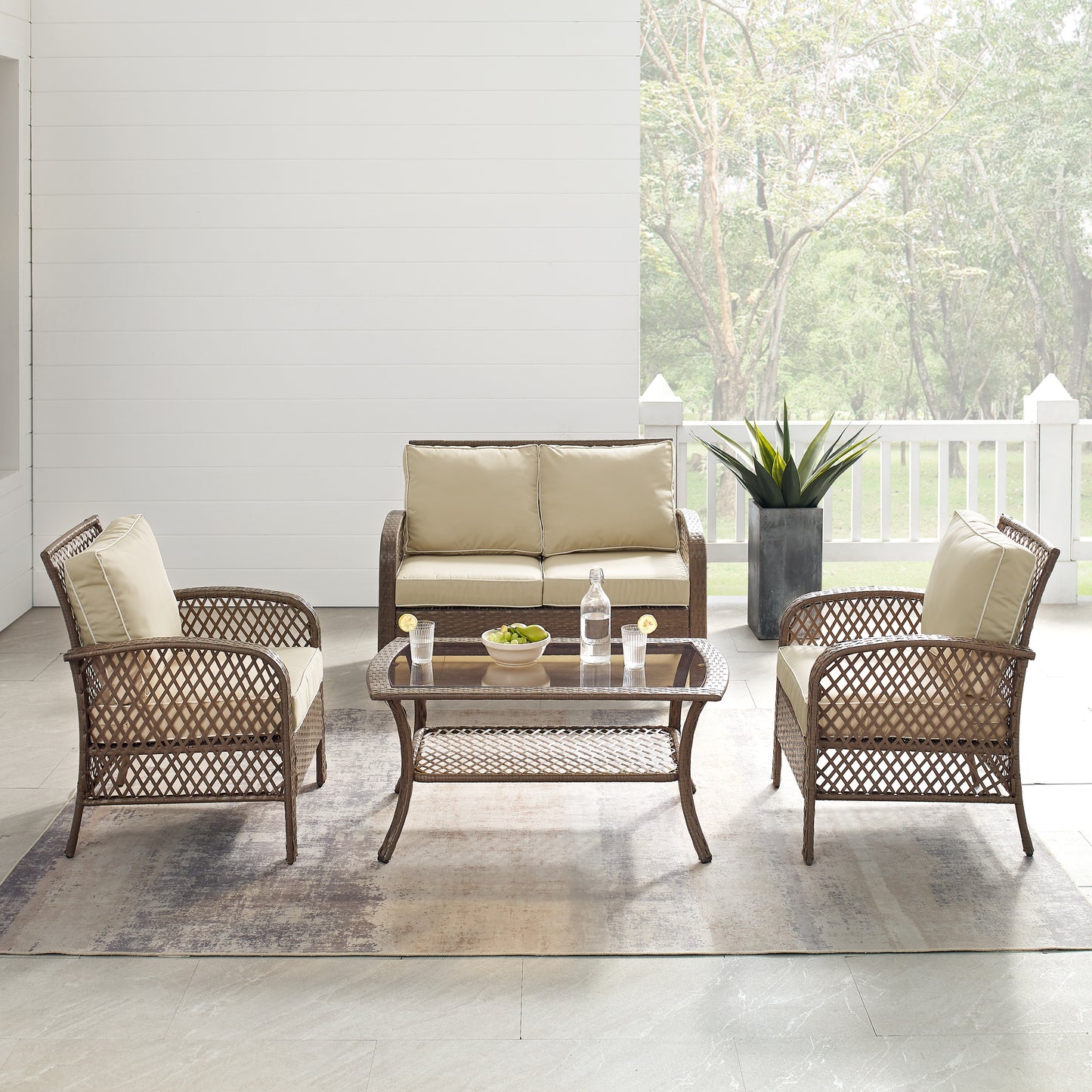 Tribeca 4Pc Outdoor Wicker Conversation Set Sand/Driftwood - Loveseat, Coffee Table, &  2 Arm Chairs