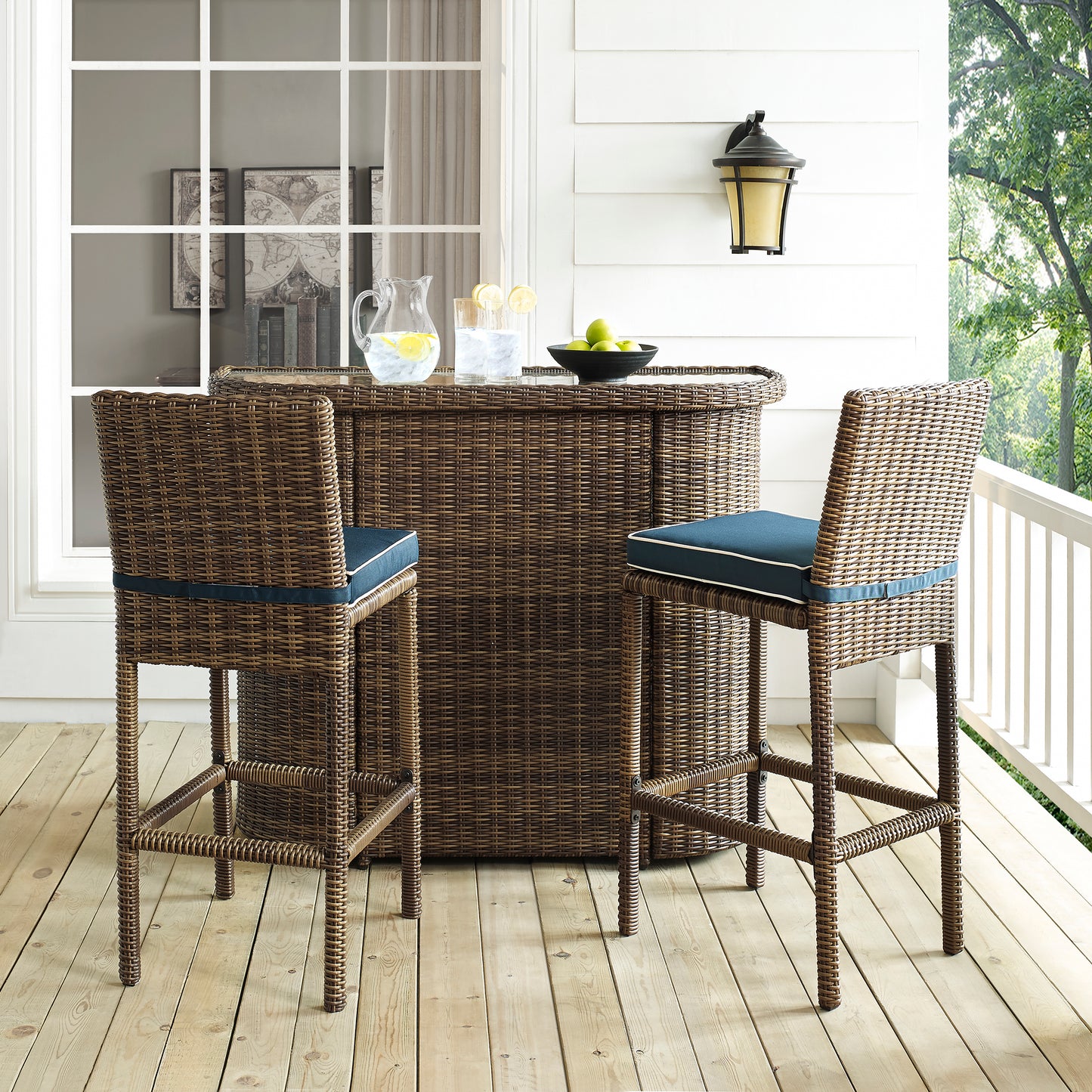 Bradenton 3Pc Outdoor Wicker Bar Set Navy/Weathered Brown - Bar & 2 Stools