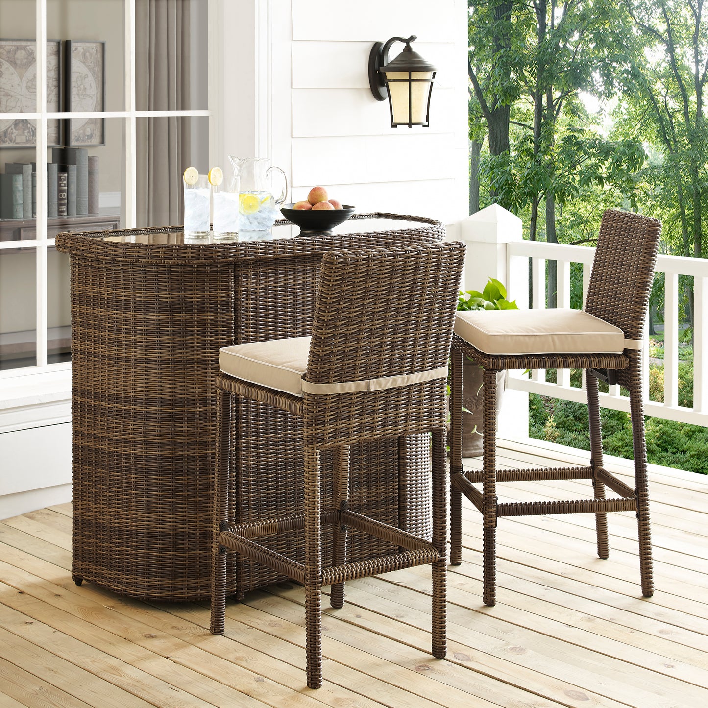 Bradenton 3Pc Outdoor Wicker Bar Set Sand/Weathered Brown - Bar & 2 Stools