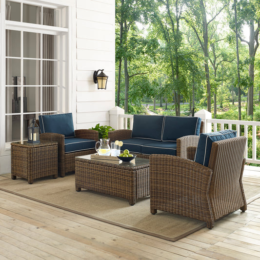 Bradenton 5Pc Outdoor Wicker Conversation Set Navy/Weathered Brown - Loveseat, Side Table, Coffee Table, & 2 Armchairs