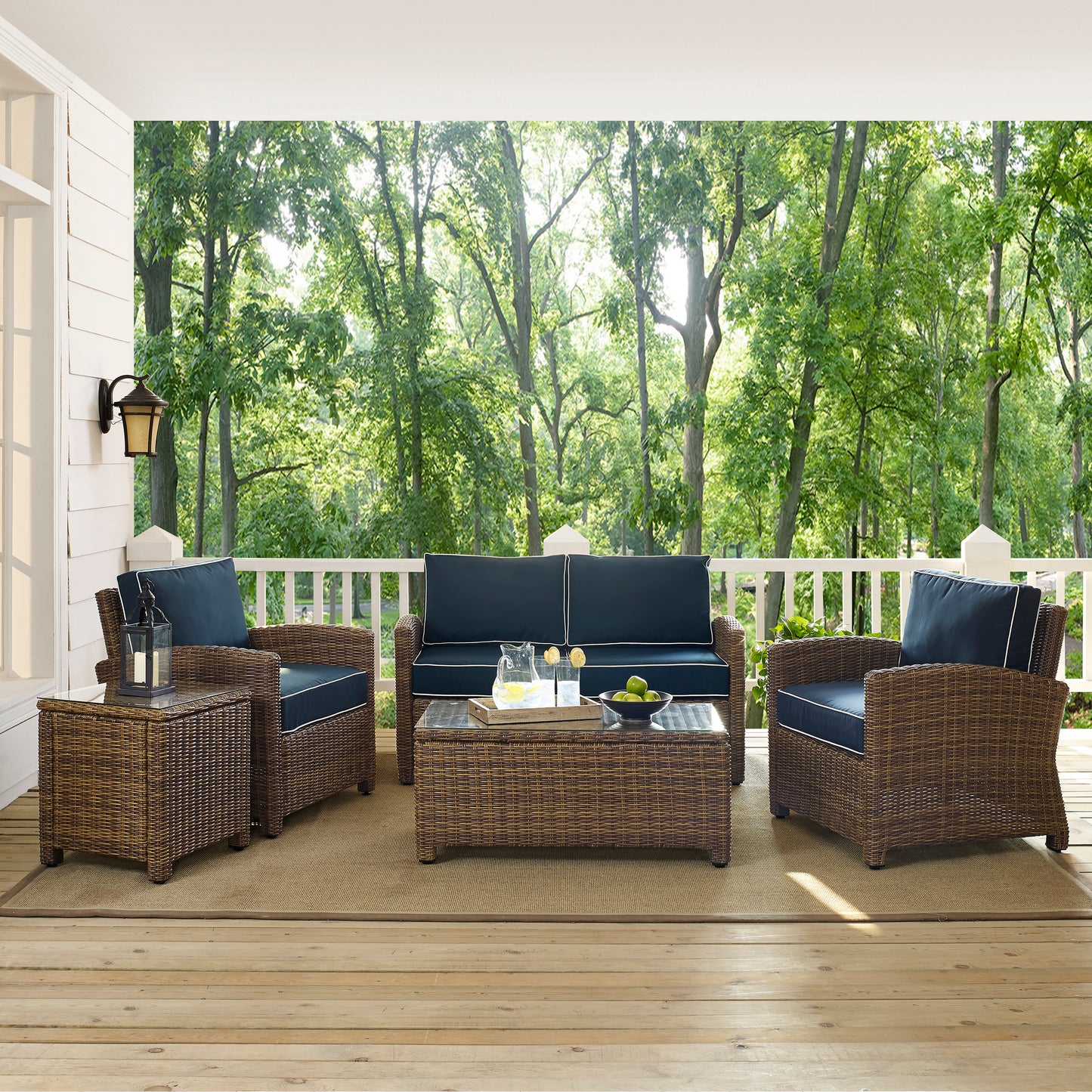 Bradenton 5Pc Outdoor Wicker Conversation Set Navy/Weathered Brown - Loveseat, Side Table, Coffee Table, & 2 Armchairs