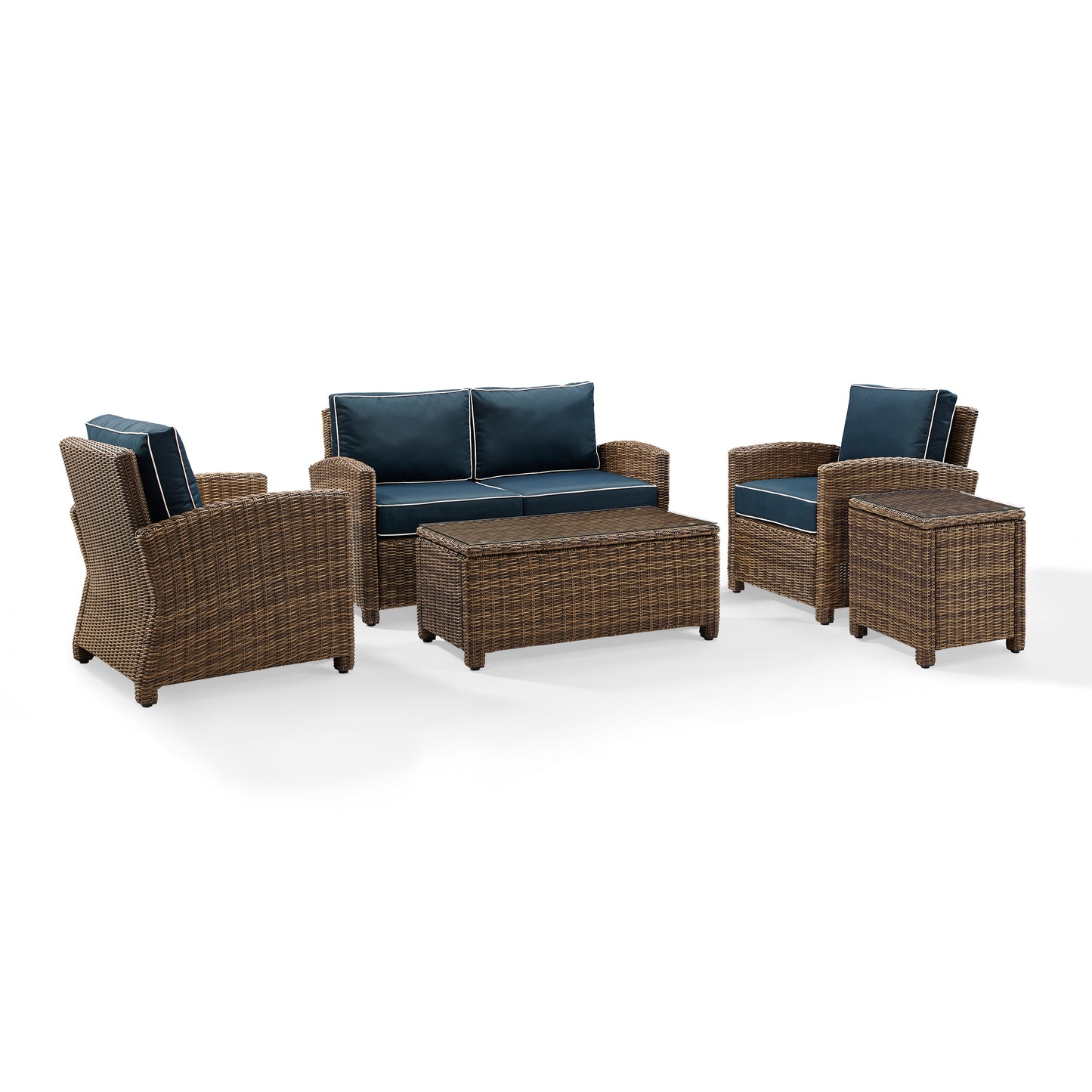 Bradenton 5Pc Outdoor Wicker Conversation Set Navy/Weathered Brown - Loveseat, Side Table, Coffee Table, & 2 Armchairs