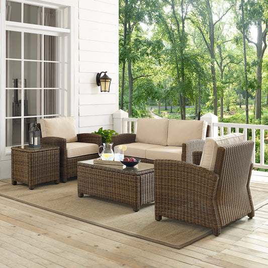 Bradenton 5Pc Outdoor Wicker Conversation Set Sand/Weathered Brown - Loveseat, Side Table, Coffee Table, & 2 Armchairs