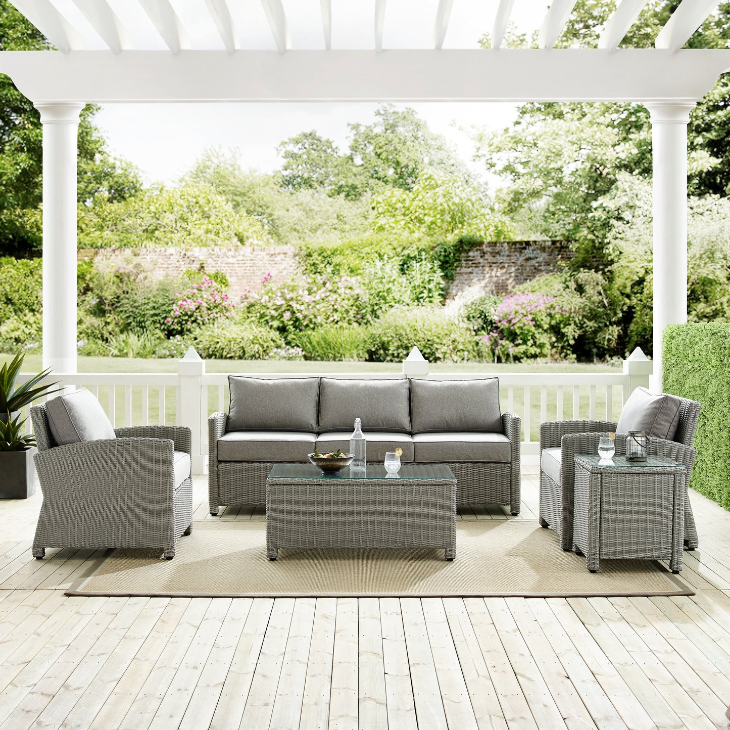 Bradenton 5Pc Outdoor Wicker Sofa Set Gray/Gray - Sofa, Side Table, Coffee Table, & 2 Armchairs