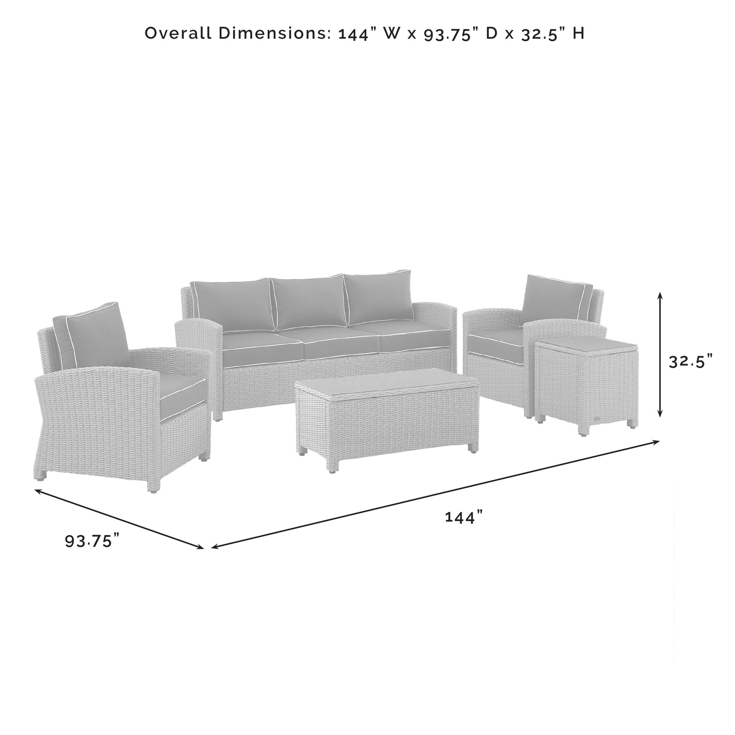 Bradenton 5Pc Outdoor Wicker Sofa Set Gray/Gray - Sofa, Side Table, Coffee Table, & 2 Armchairs