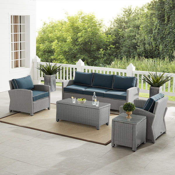 Bradenton 5Pc Outdoor Wicker Sofa Set Navy/Gray - Sofa, Side Table, Coffee Table, & 2 Armchairs