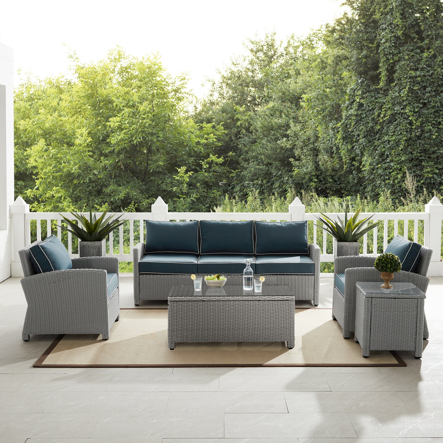 Bradenton 5Pc Outdoor Wicker Sofa Set Navy/Gray - Sofa, Side Table, Coffee Table, & 2 Armchairs