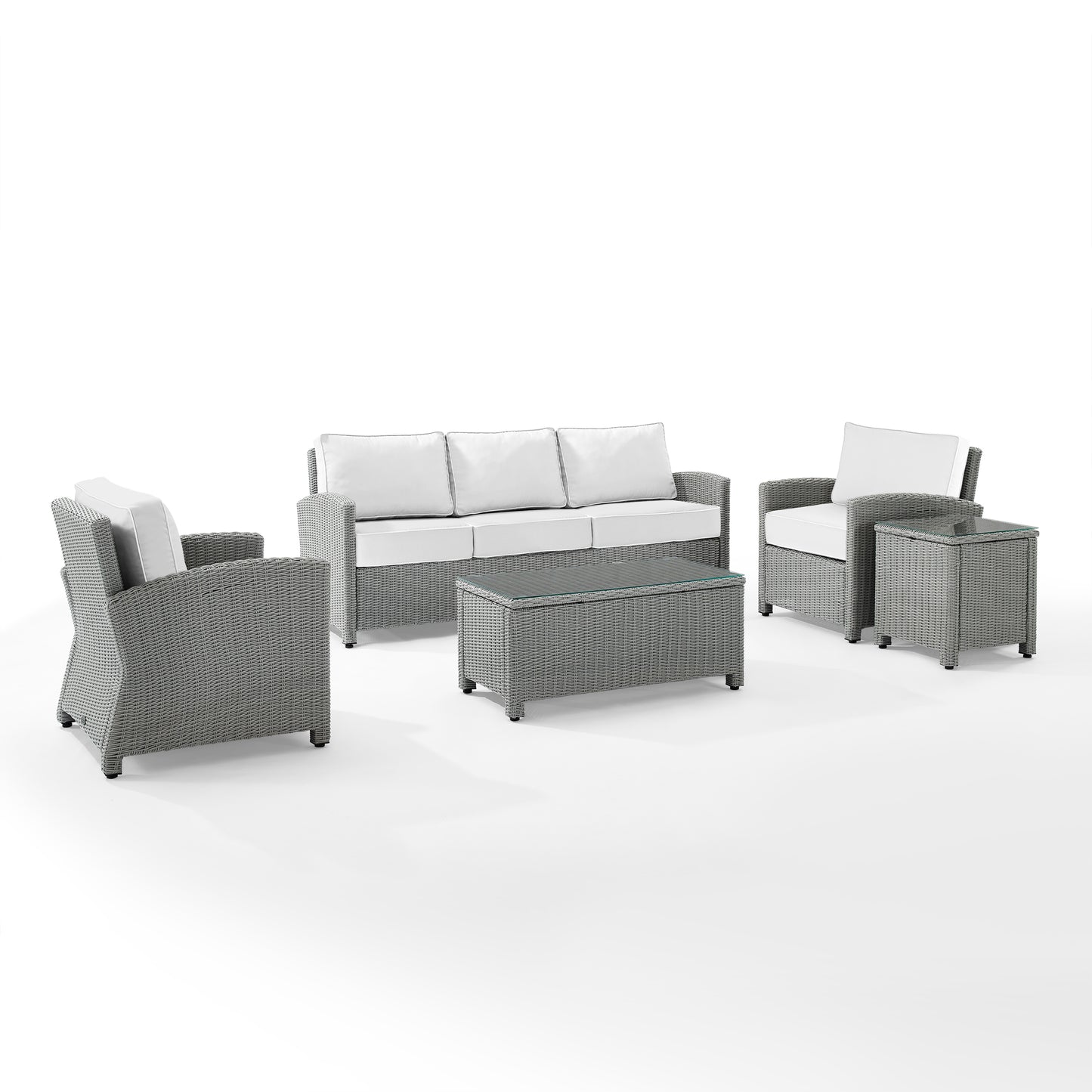 Bradenton 5Pc Outdoor Wicker Sofa Set - Sunbrella White/Gray - Sofa, Side Table, Coffee Table, & 2 Armchairs