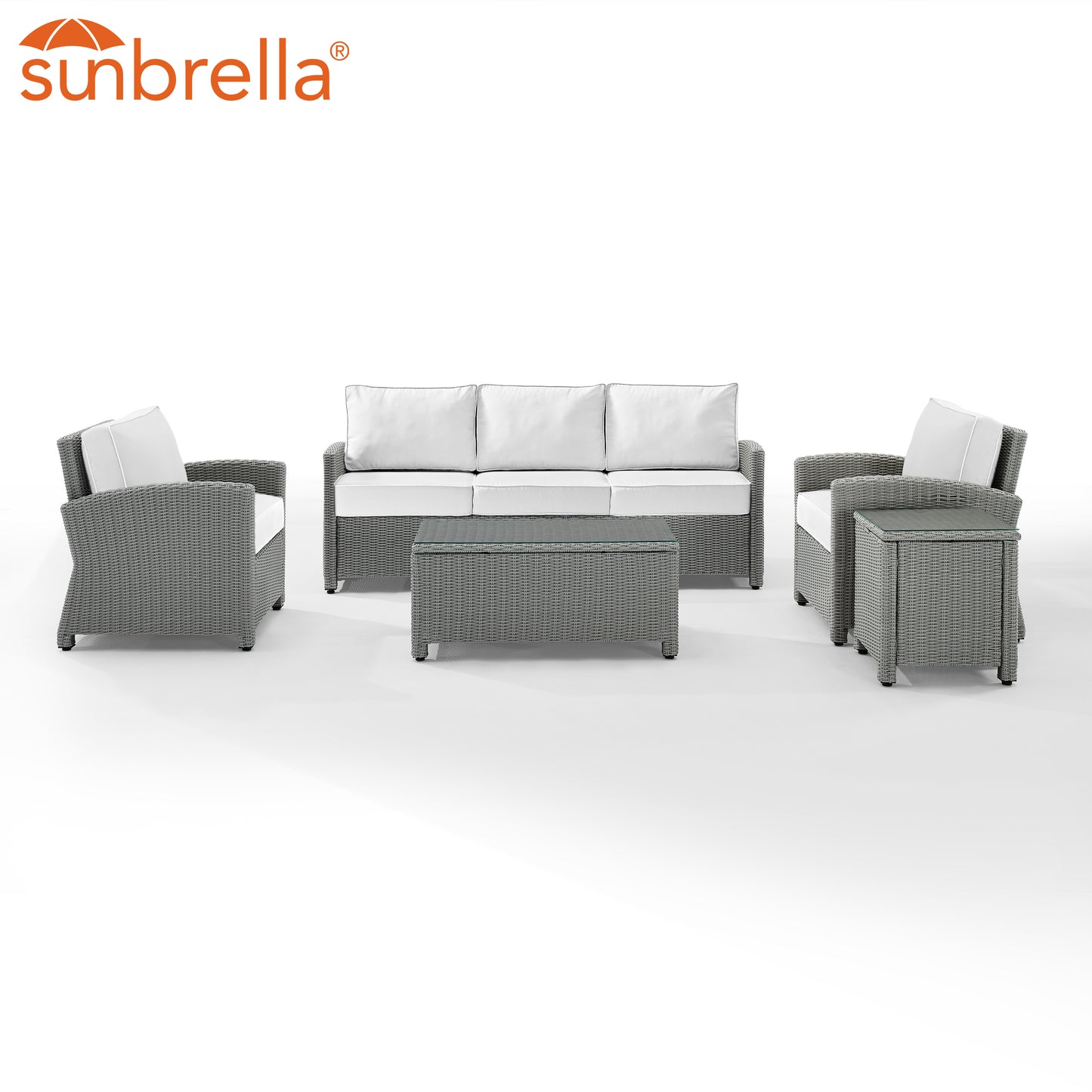 Bradenton 5Pc Outdoor Wicker Sofa Set - Sunbrella White/Gray - Sofa, Side Table, Coffee Table, & 2 Armchairs