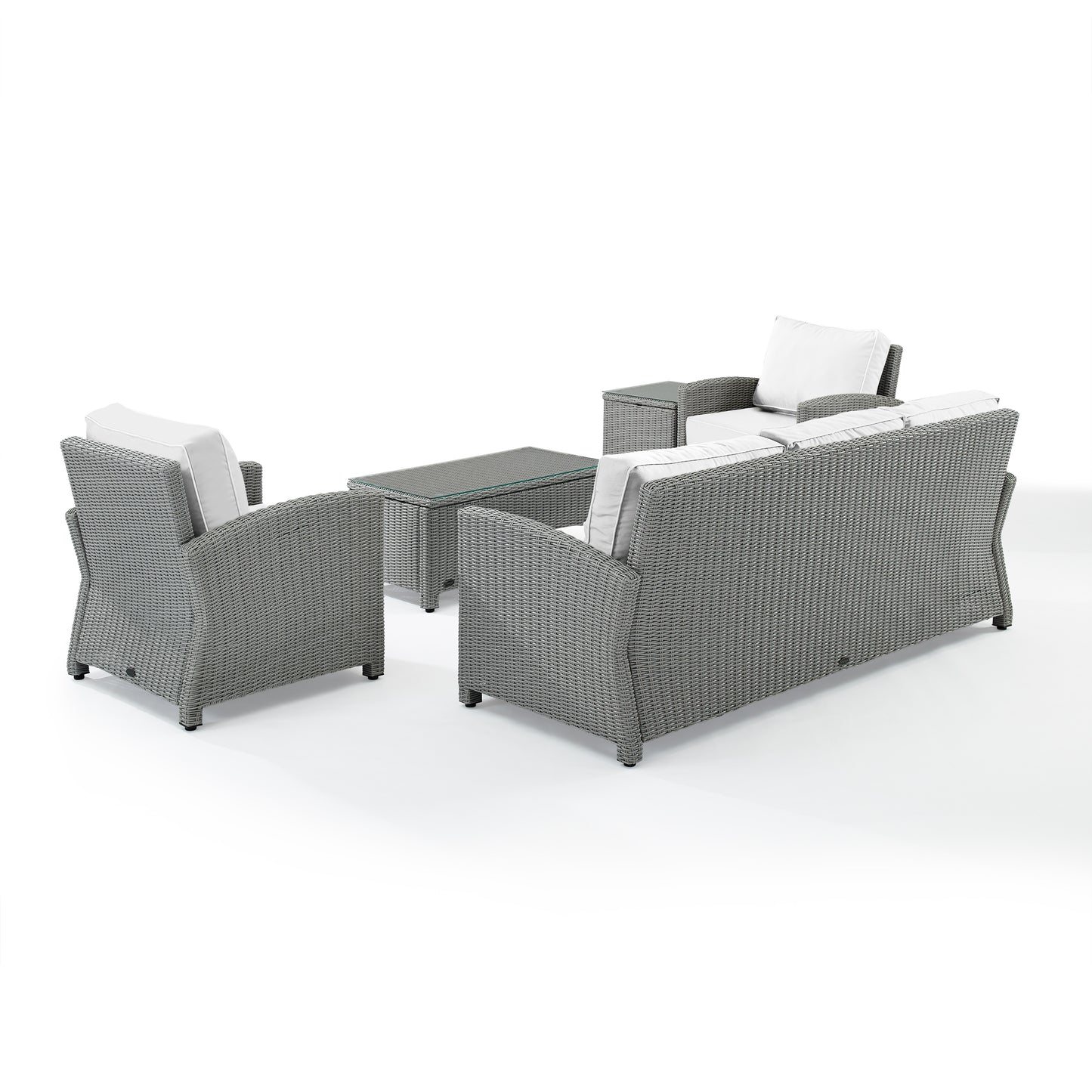 Bradenton 5Pc Outdoor Wicker Sofa Set - Sunbrella White/Gray - Sofa, Side Table, Coffee Table, & 2 Armchairs