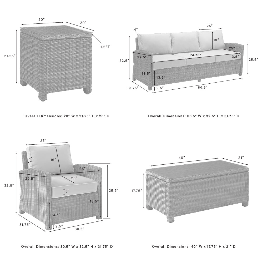 Bradenton 5Pc Outdoor Wicker Sofa Set - Sunbrella White/Gray - Sofa, Side Table, Coffee Table, & 2 Armchairs