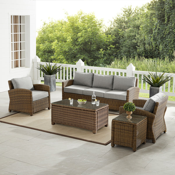 Bradenton 5Pc Outdoor Wicker Sofa Set Gray/Weathered Brown - Sofa, Side Table, Coffee Table, & 2 Armchairs