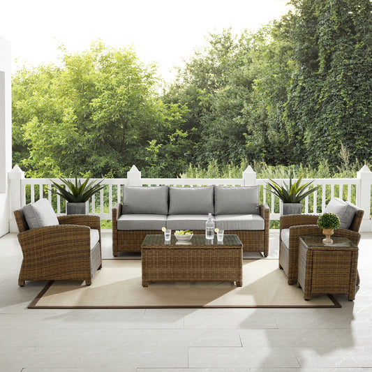 Bradenton 5Pc Outdoor Wicker Sofa Set Gray/Weathered Brown - Sofa, Side Table, Coffee Table, & 2 Armchairs