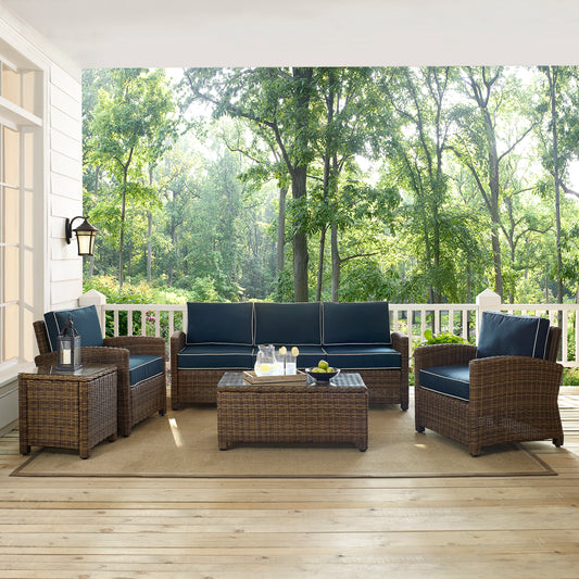 Bradenton 5Pc Outdoor Wicker Sofa Set Navy/Weathered Brown - Sofa, Side Table, Coffee Table, & 2 Armchairs