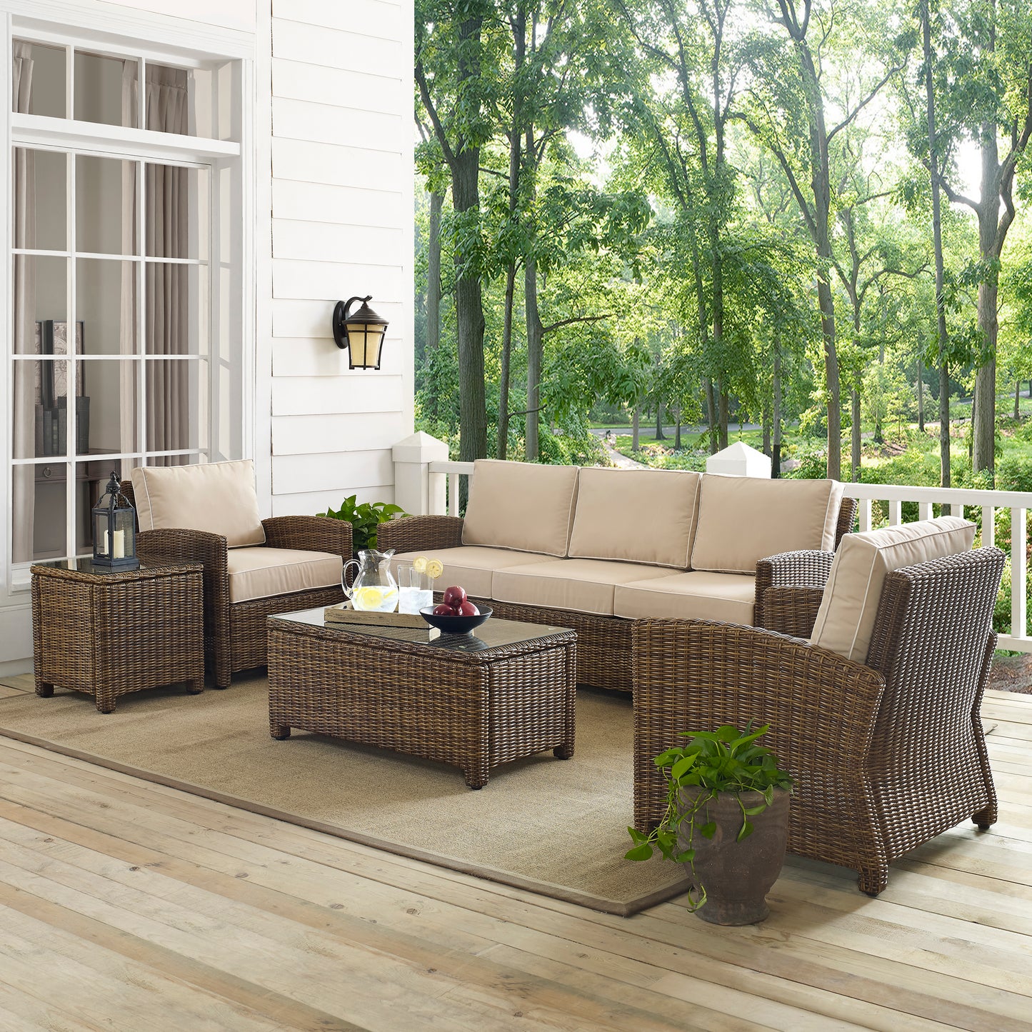 Bradenton 5Pc Outdoor Wicker Sofa Set Sand/Weathered Brown - Sofa, Side Table, Coffee Table, & 2 Armchairs