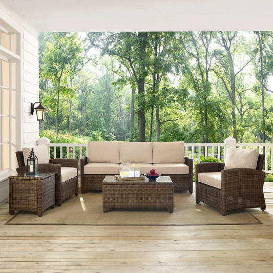 Bradenton 5Pc Outdoor Wicker Sofa Set Sand/Weathered Brown - Sofa, Side Table, Coffee Table, & 2 Armchairs