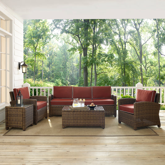 Bradenton 5Pc Outdoor Wicker Sofa Set Sangria/Weathered Brown - Sofa, Side Table, Coffee Table, & 2 Armchairs