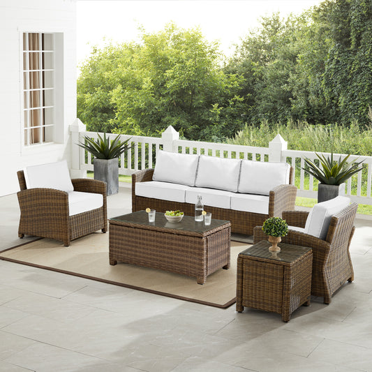 Bradenton 5Pc Outdoor Wicker Sofa Set - Sunbrella White/ Weathered Brown - Sofa, Side Table, Coffee Table, & 2 Armchairs