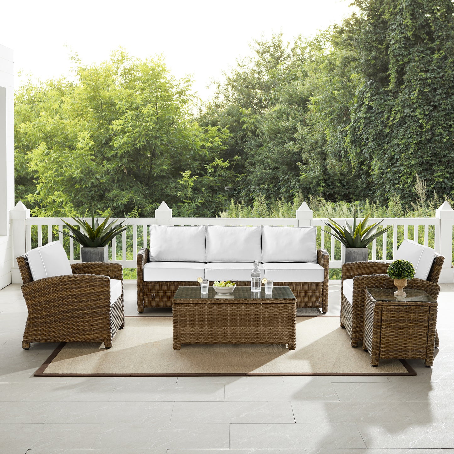 Bradenton 5Pc Outdoor Wicker Sofa Set - Sunbrella White/ Weathered Brown - Sofa, Side Table, Coffee Table, & 2 Armchairs