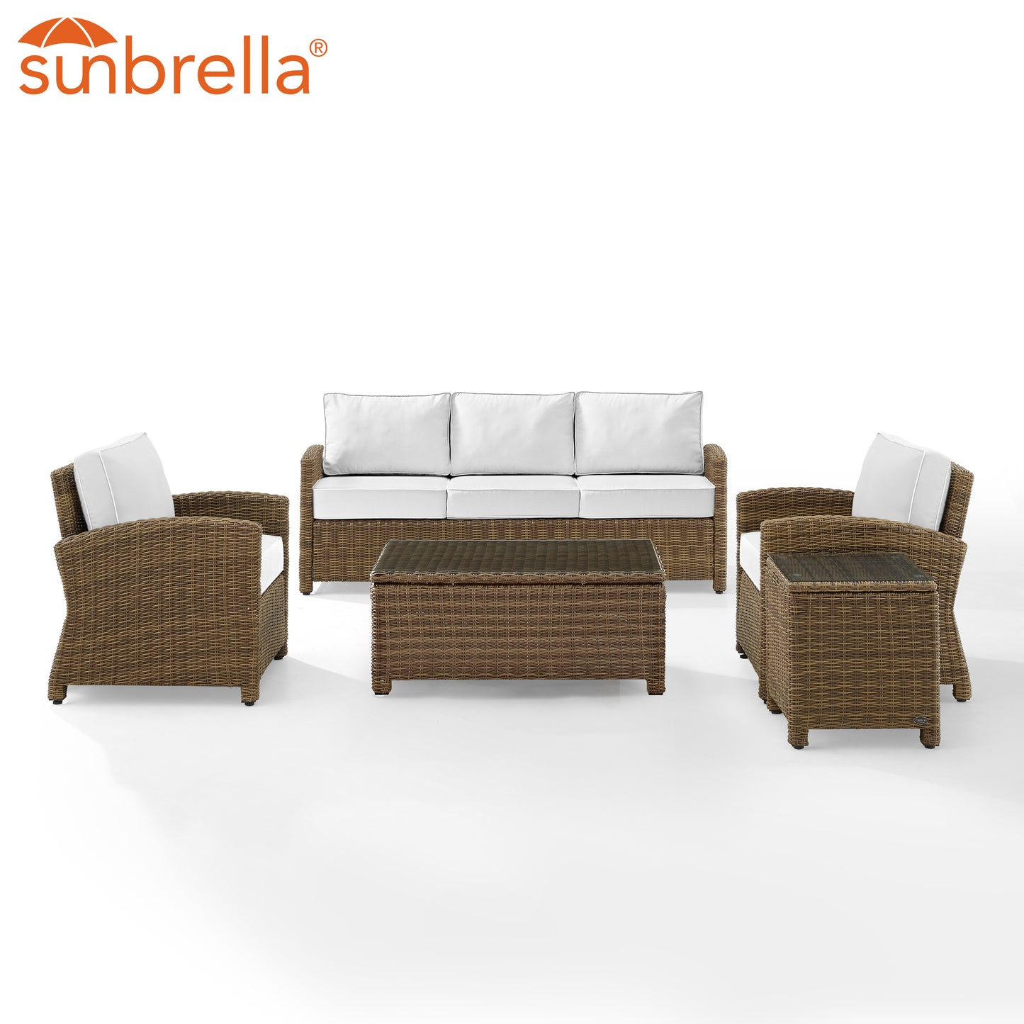 Bradenton 5Pc Outdoor Wicker Sofa Set - Sunbrella White/ Weathered Brown - Sofa, Side Table, Coffee Table, & 2 Armchairs