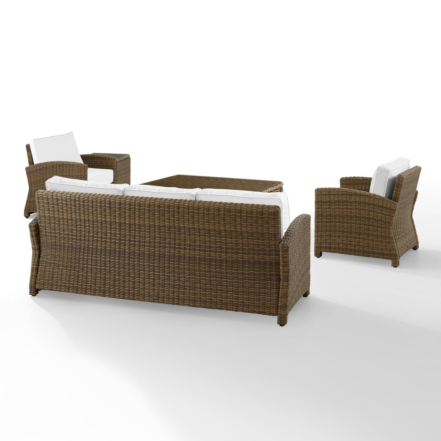 Bradenton 5Pc Outdoor Wicker Sofa Set - Sunbrella White/ Weathered Brown - Sofa, Side Table, Coffee Table, & 2 Armchairs